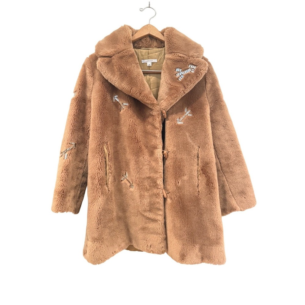 Carven Paris Faux Fur Embellished Arrow Coat Camel Brown Size 38 S/M Luxury - Picture 2 of 13